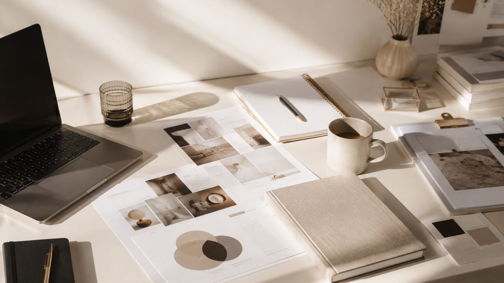 Branding and marketing strategy moodboard, desk workspace with colour palette and content layouts