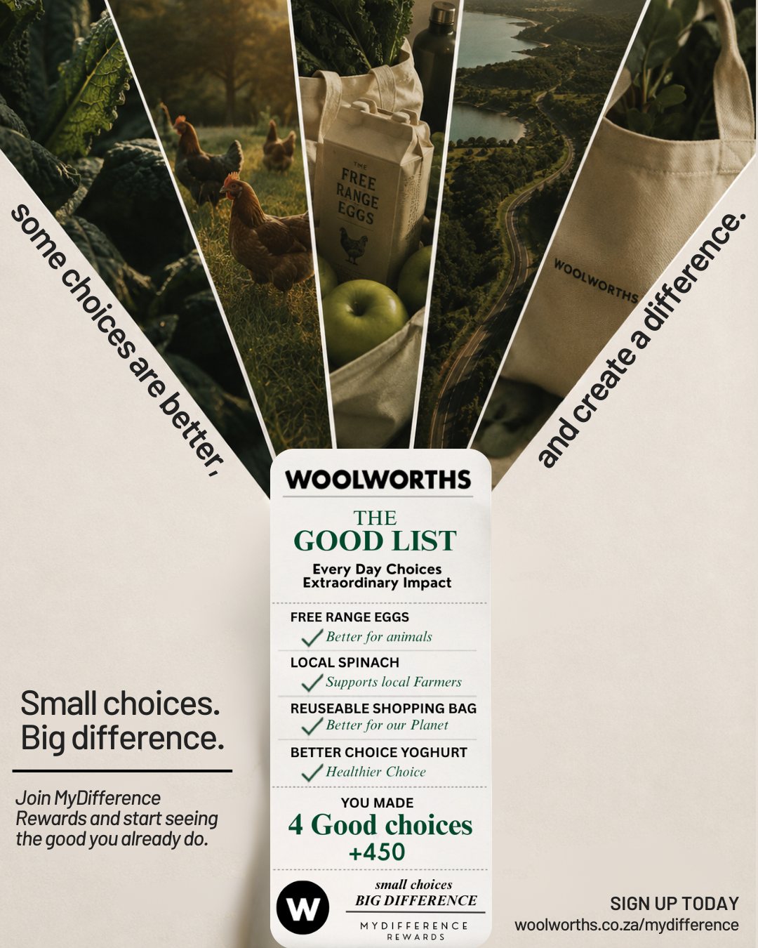Concept ad design for the Woolworths MyDifference rewards campaign, 'Small choices. Big difference.'